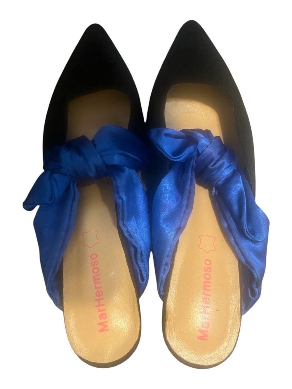 Black Pointed Toe Flats with Royal Blue Satin Knot